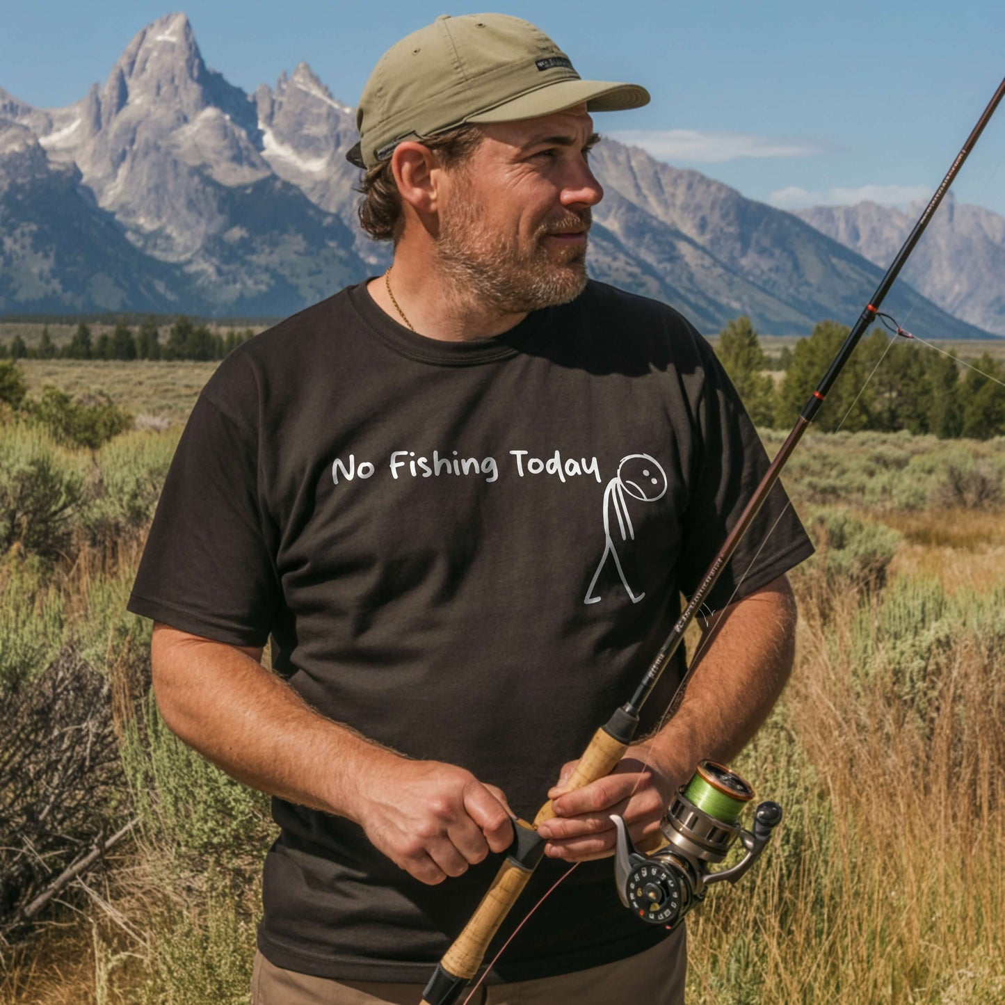 alt=Casual cotton fishing T-shirt for men featuring funny No Fishing Today graphic for anglers