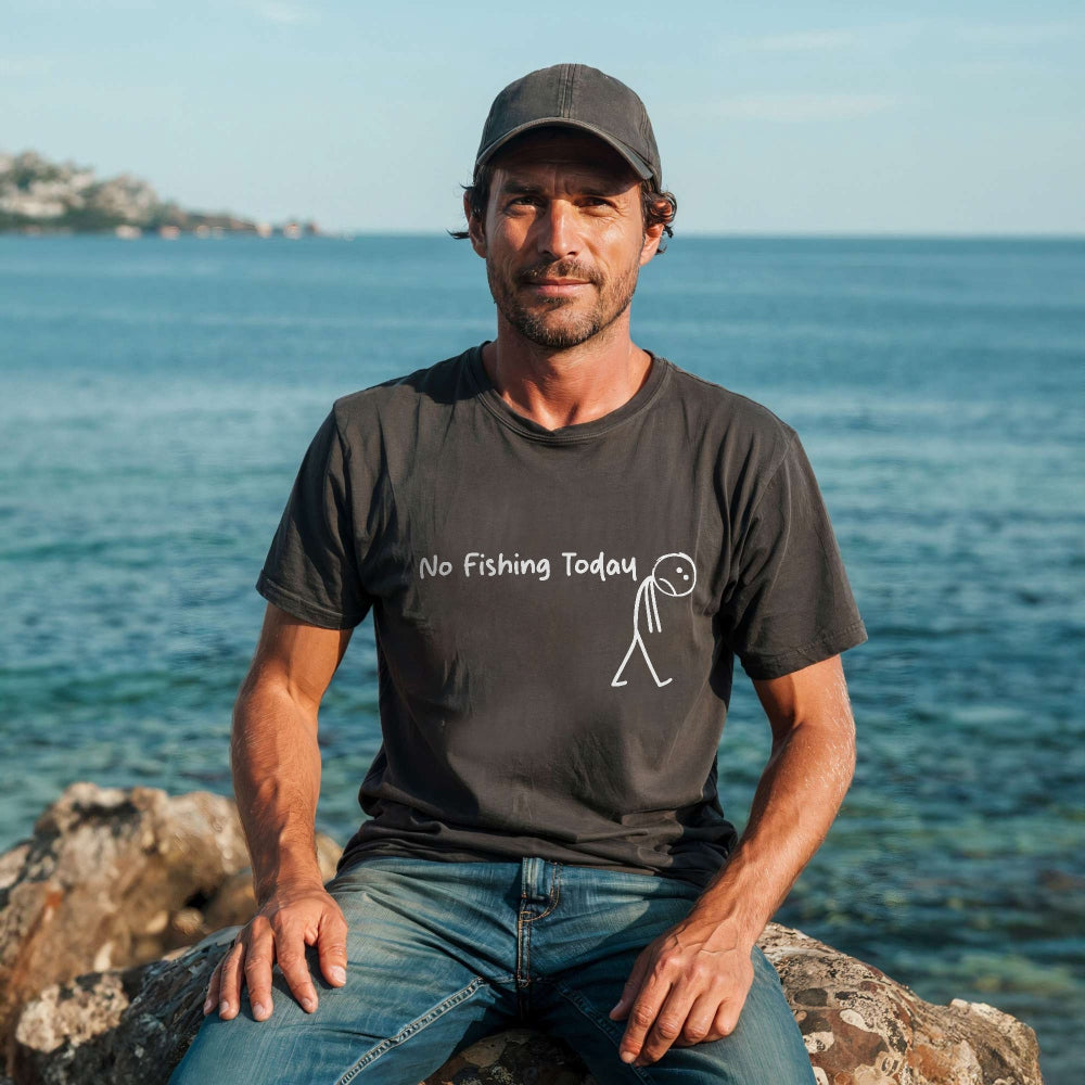 alt=Men’s fishing humor shirt with stickman design and No Fishing Today phrase – fisherman gift