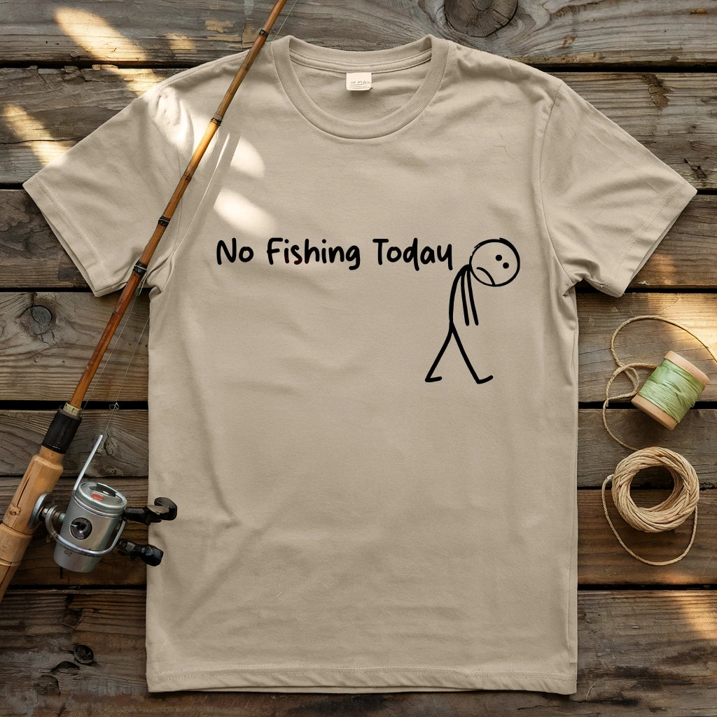 alt=Gift idea for anglers – funny fishing T-shirt with sad stickman graphic and No Fishing Today text