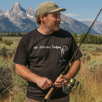 alt=Casual cotton fishing T-shirt for men featuring funny No Fishing Today graphic for anglers